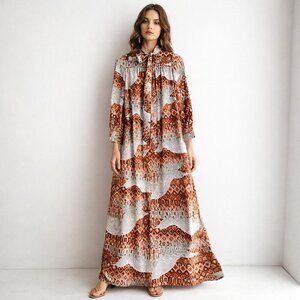 Vintage Handmade Geometric Print Long Sleeve A line Maxi Dress M